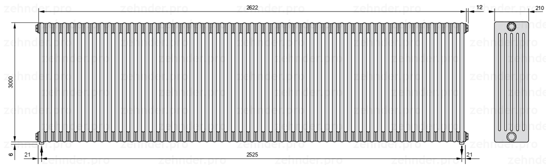 Схема (чертеж) Радиатор Zehnder Charleston 6300/57 №3570 Белый глянцевый RAL 9016